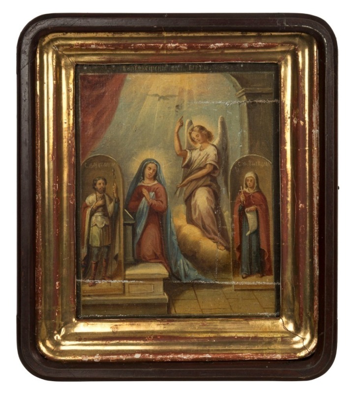 Antique Russian Orthodox house icon depicting the Annunciation and St. Alexander Nevsky and St. Tatiana, hand-painted on canvas laid down on board in original timber and gilt box frame, 19th century, 21 x 17cm, 29 x 25cm overall 