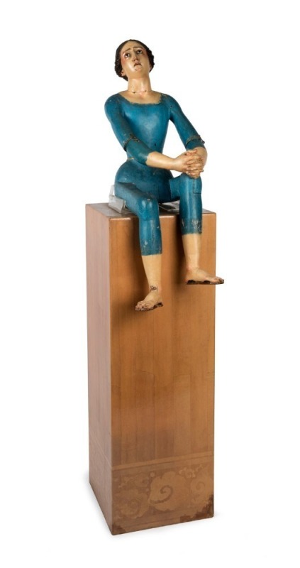 Antique Spanish processional Saint, carved wood with polychrome finish and glass eyes, 18th century, 85cm high.Note: With later box plinth stand, 165cm high overall 