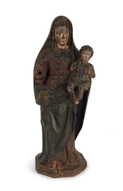 An antique Goanese statue of The Virgin Mother and Child, carved woodAn antique Goanese statue of The Virgin Mother and Child, carved wood with polychrome finish, Indian origin, 18th century, 50cm high with polychrome finish, Indian origin, 18th century,5