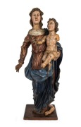 An antique French Virgin Mother and Child religious statue, carved wood with polychrome finish, 17th/18th century, 110cm high