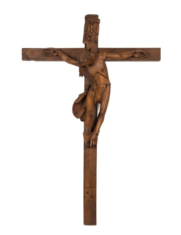 CORPUS CHRISTI carved wooden wall mount crucifix, 20th century, 96cm high