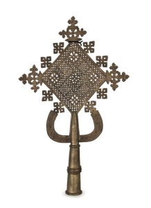 An Ethiopian Orthodox processional cross, bronze with remains of silver finish, 19th/20th century, 39.5cm high