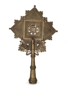 An Ethiopian Orthodox processional cross, bronze with remains of silver finish, 19th/20th century, 33.5cm high