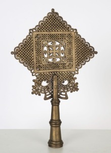 An Ethiopian Orthodox processional cross, bronze and silvered finish, 19th/20th century, 30cm high