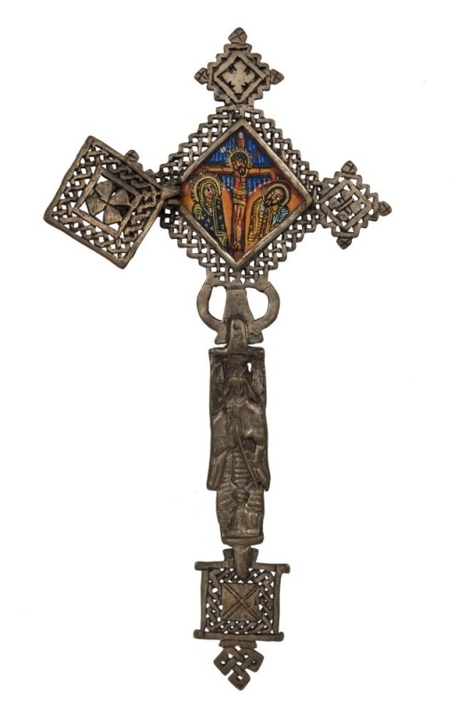 An Ethiopian Orthodox handheld crucifix with hand-painted panel, silvered bronze, 19th/20th century, 34.5cm high