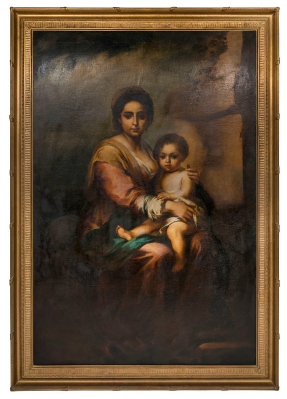 ARTIST UNKNOWN, Madonna and child in the style of Murillo, 19th century, oil on canvas (relined), 161 x 106cm, 182 x 125cm overall