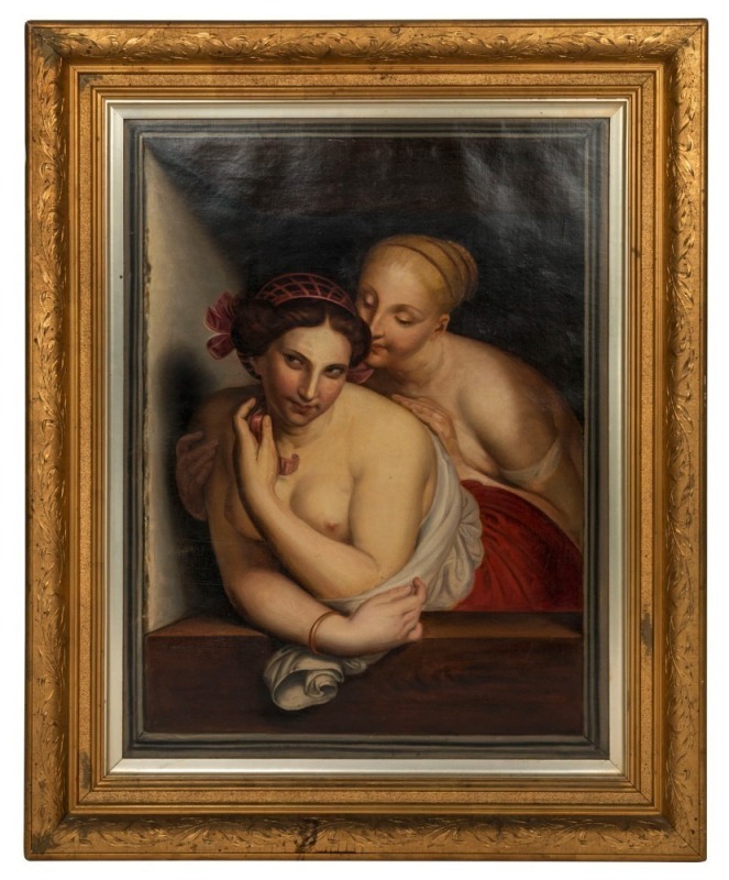 ARTIST UNKNOWN, untitled, two female figures, 19th century, oil on canvas (relined), 85 x 64cm, 107 x 88cm overall