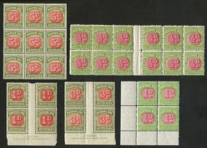 Postage Dues: Varieties in blocks: 1923 ½d (SG.D91) interpanneau blk.12 with central vignette varieties; 1932 1d (SG.D100) cnr.blk.4 with "Left frame of value tablet buckled near base"; 1948 5d (SG.D124) blk.9 with "Circular white flaw left of ball of 5 a