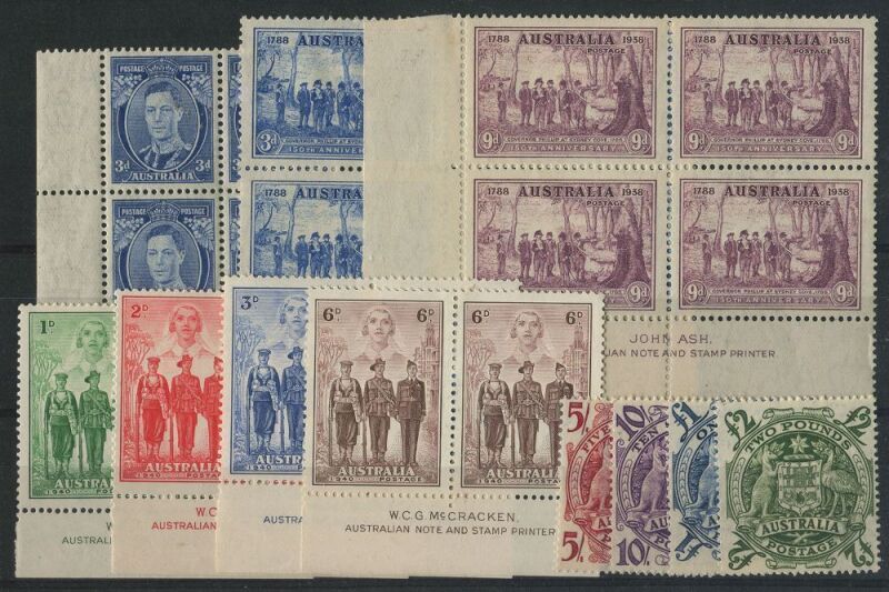 KING GEORGE VI PERIOD: 3d Blue (Die 2 Thin paper) Ash Imprint blk.4 MLH/MUH, 3d & 9d NSW Sesquicentenary Imp.blks.4 MUH/MLH, AIF set in McCracken Imprint pairs Mint and 5/- - £2 Arms set MUH. (24).