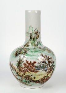 A Chinese porcelain vase with hand-painted landscape scene, early 20th century, base has been holed for lamp conversion, 36cm high