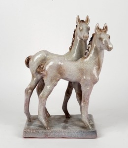 Austrian pottery horse figural group, circa 1930, 39cm high