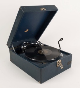 A vintage portable gramophone in rare blue finished case, early 20th century, ​​​​​​​30cm wide