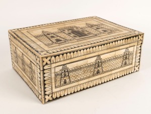 An Indian bone and ivory penwork box, 20th century, 15cm high, 39cm wide, 28.5cm deep