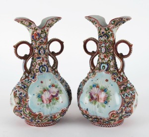 A pair of antique Japanese porcelain vases with hand-painted floral vignettes, early 20th century, ​​​​​​​24.5cm high