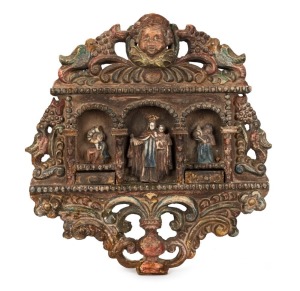 An antique Spanish religious plaque carved wood and gesso with remains of polychrome finish, 19th century,  37cm x 36cm 