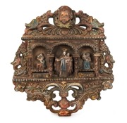 An antique Spanish religious plaque carved wood and gesso with remains of polychrome finish, 19th century,  37cm x 36cm 