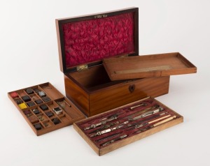 DRAFTSMAN'S antique workbox, mahogany, rosewood and yew, fitted with lift out trays and assorted tools, late 19th century, 9 cm high, 24.5cm wide,14cm deep