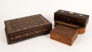 Four assorted antique boxes including Japanese bamboo marquetry, Italian olive wood souvenir of "SORRENTO", Damascus marquetry, and a papier-mâché and pearl shell example, 19th and 20th century, ​​​​​​​the largest 31cm wide