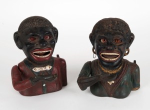 Two antique American novelty money boxes, painted cast iron, 19th/20th century, the larger 17cm high