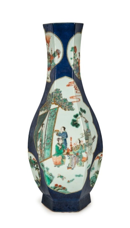 An antique Chinese famille vert hexagonal form porcelain vase, Qing Dynasty, 18th/19th century, underglaze four character mark to base, 44cm high