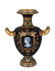 COALPORT antique English blue porcelain vase with pate sur pate Roman profile portrait, gilt decoration and coloured enamel highlights, 19th century, green factory mark to base, 16cm high