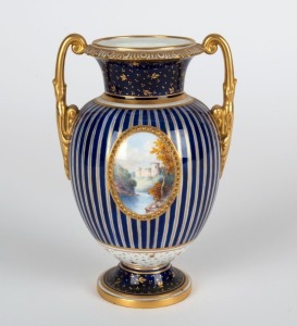 ROYAL CROWN DERBY antique English blue and gilt porcelain urn with hand-painted castle scene vignette, signed "W. MOSLEY", 19th century, iron red factory mark to base, 14cm high