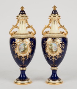 COALPORT pair of antique English porcelain blue and gilt vases, titles "ELLSMERE", and "ULLSWATER", painted by PERCY SIMPSON, early 20th century, green factory marks and titles to bases, 22cm high