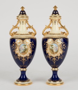 COALPORT pair of antique English porcelain blue and gilt vases, titles "ELLSMERE", and "ULLSWATER", painted by PERCY SIMPSON, early 20th century, green factory marks and titles to bases, ​​​​​​​22cm high