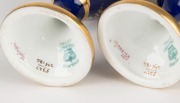 COALPORT&nbsp;pair of antique English porcelain blue and gilt vases, titles "ELLSMERE", and "ULLSWATER", painted by PERCY SIMPSON, early 20th century, green factory marks and titles to bases, ​​​​​​​22cm high - 3