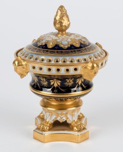 DERBY antique English blue and gilt porcelain potpourri vase, 19th century, red crown mark to base, 17cm high