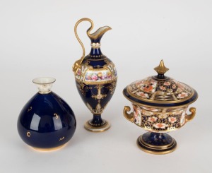 ROYAL CROWN DERBY English blue and gilt porcelain ewer, vase and lidded bowl, 19th/20th century, (3 items), red factory marks to bases, the ewer 18cm high