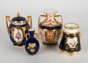 MINTONS antique English blue and gilt porcelain lidded urn with hand-painted floral decoration, together with a WEDGWOOD porcelain vase, and two COALPORT miniature vases, one with hand-painted scene, 19th/20th century, (4 items), the largest 10.5cm high