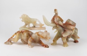 Three carved onyx animal statutes including an elephant, tiger and a lion, 20th century, the elephant 27cm high, 34cm long