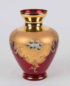 An Italian ruby glass vase with gilt overlay and floral decoration, 20th century, 22cm high