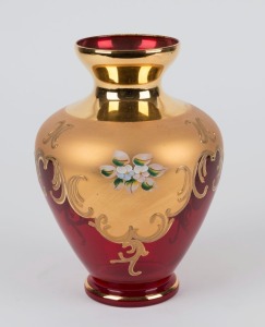 An Italian ruby glass vase with gilt overlay and floral decoration, 20th century, ​​​​​​​22cm high