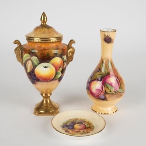 COALPORT vintage English porcelain lidded urn with hand-painted fruit decoration signed "M. PINTER", together with an AYNSLEY "ORCHARD GOLD" porcelain vase and pin dish, 20th century, (3 items), the urn 18cm high