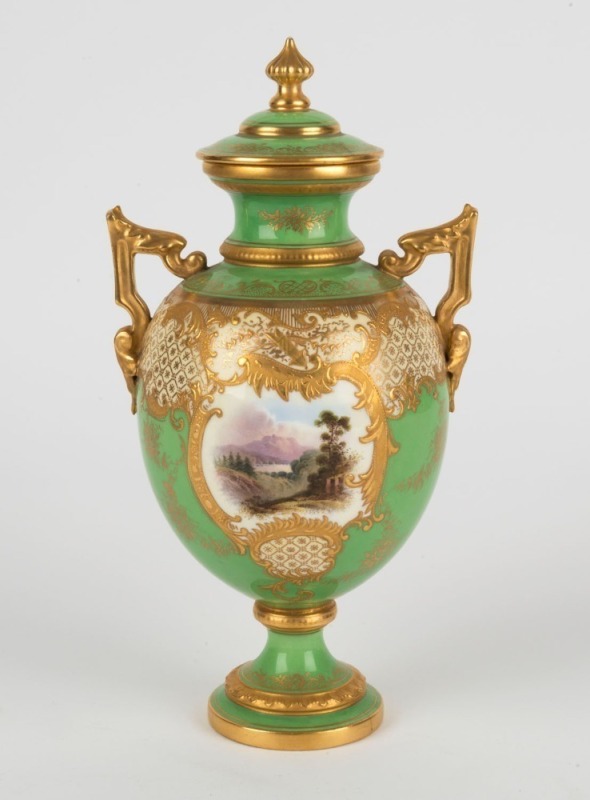 COALPORT antique green and gilt porcelain lidded urn with hand-painted scenes, 19th/20th century, green factory mark to base, 25cm high