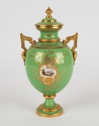 COALPORT antique green and gilt porcelain lidded urn with hand-painted scenes, 19th/20th century, green factory mark to base, 25cm high - 2