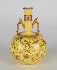 MINTONS antique English yellow porcelain vase with gilt floral decoration and highlights, 19th/20th century, gold factory mark to base, 15.5cm high
