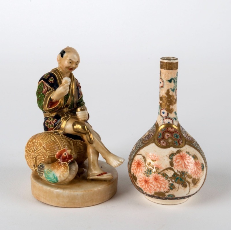 SATSUMA Japanese miniature vase, and a statue, Meiji period, 19th century, (2 items), ​​​​​​​9cm and 9.5cm high