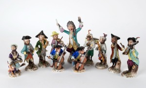 VOLKSTEDT "MONKEY BAND" 11 piece German porcelain ensemble, 20th century, blue factory mark to bases, the largest 16cm high