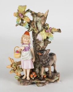 MEISSEN antique German porcelain figural vase of a girl with a wolf under a tree, 18th/19th century, crossed swords mark to base, ​​​​​​​14cm high