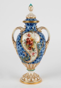 ROYAL WORCESTER antique English blue floral lidded urn with Art Nouveau gilt decorated highlights and hand-painted floral spray, 19th century, factory mark to base, 25cm high