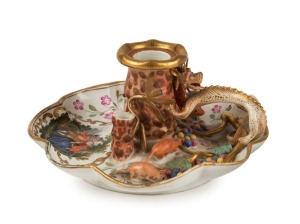MEISSEN antique German porcelain candle holder with applied dragon handle, rats and berries, plus hand-painted romantic scene vignette decoration, 18th/19th century, blue crossed swords mark to base, 6cm high, 14cm wide