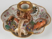 MEISSEN antique German porcelain candle holder with applied dragon handle, rats and berries, plus hand-painted romantic scene vignette decoration, 18th/19th century, blue crossed swords mark to base, ​​​​​​​6cm high, 14cm wide - 3