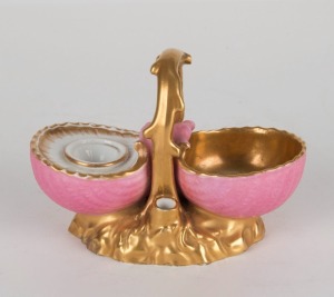 SPODE antique English pink and gilt porcelain inkwell, early 19th century, hand signed in red "SPODE", ​​​​​​​8cm high, 12.5cm wide