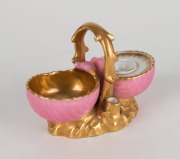 SPODE antique English pink and gilt porcelain inkwell, early 19th century, hand signed in red "SPODE", ​​​​​​​8cm high, 12.5cm wide - 2