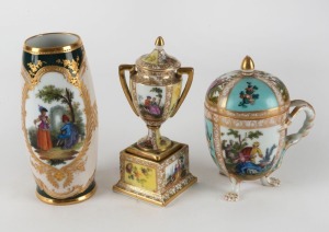 MEISSEN antique German porcelain cup and cover, DRESDEN porcelain vase and miniature lidded urn, 19th century, (3 items), the largest 13.5cm high