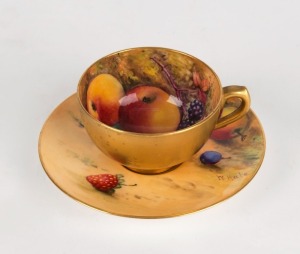 ROYAL WORCESTER coffee cup and saucer with hand-painted fruit decoration, signed "W. HALE", ​​​​​​​puce factory mark to base, the saucer 9.8cm diameter