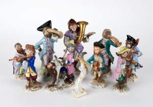 "MONKEY BAND" group of ten assorted German porcelain statues plus a music stand, various factories, predominantly MEISSEN, 19th/20th century, (11 items), the largest 15.5cm high
